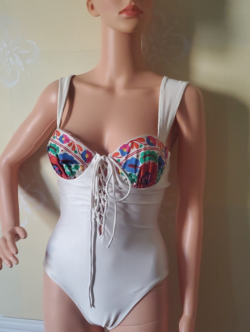 White One-Piece Swimsuit with Colorful Embroidered Bust